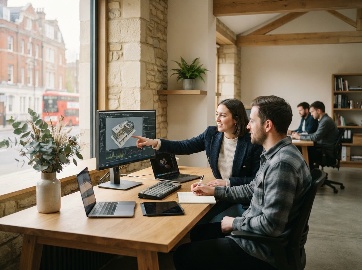Rendforge AI team reviewing investment data on screen in a calm, professional setting
